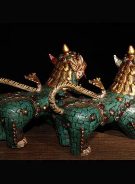 家居装饰纯宝石彩狮子镶嵌招财尼泊尔一对金黄铜绘描神兽