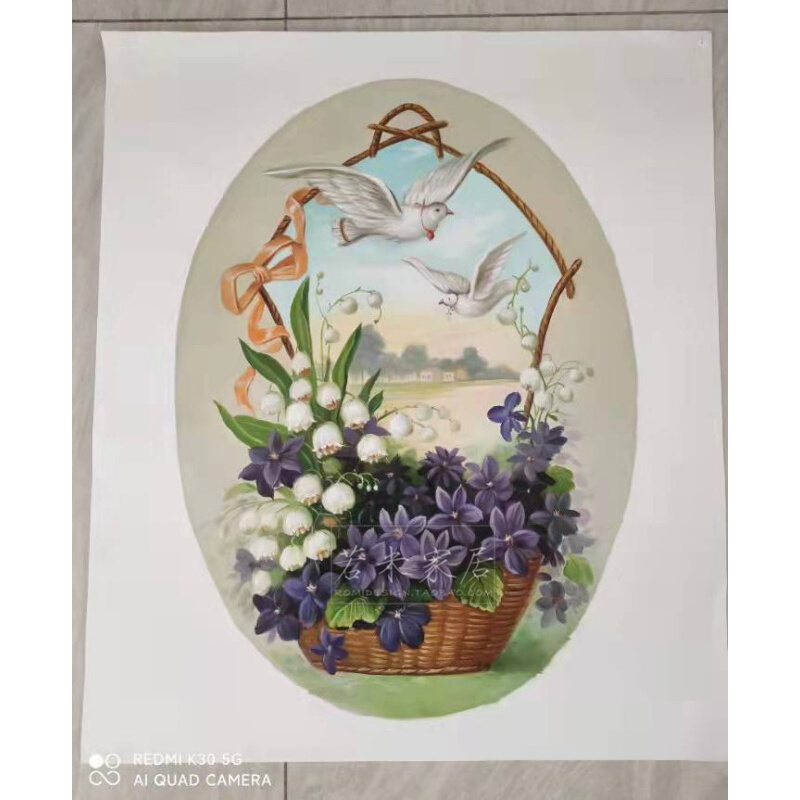 79复古轻法式椭圆形走廊油画纯手绘白色和平鸽白紫色铃兰花卧室画 - 图1