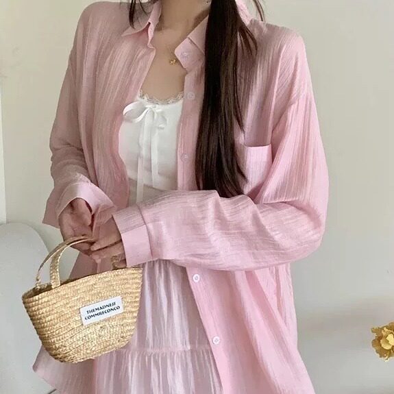 棉锦印象防晒衬衫莱赛尔+锦纶马卡龙色外搭夏季长袖半透褶皱衬衣