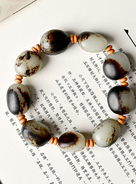 精品新疆和田玉黑皮籽料原石原皮手链墨色随型手串高档国风男女款