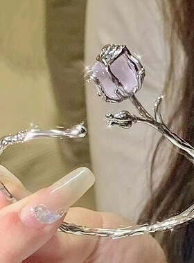 潮流个性百搭镂空玫瑰花朵开口手镯女时尚小众手环简约冷淡风手饰