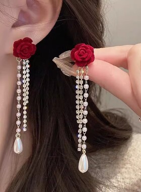 红色植绒蝴蝶结珍珠流苏耳环女轻奢气质高级感长款耳饰甜美耳坠