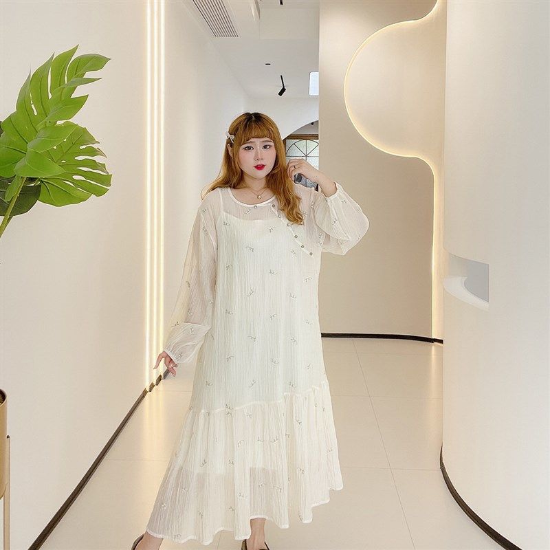 胖仙女莹莹大码女装胖mm初秋气质新中式刺绣碎花吊带裙连衣裙套装,淘宝优惠券,粉丝福利购,淘宝优惠卷