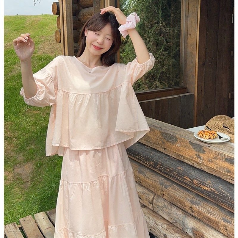 大码女装2025夏季新款胖mm轻盈感粉色防晒娃娃衫+大摆半身裙套装,淘宝优惠券,粉丝福利购,淘宝优惠卷