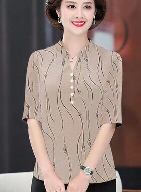 中老年妈妈夏装2024新款冰丝小衫E洋气遮肚妈妈上衣中袖薄款设计