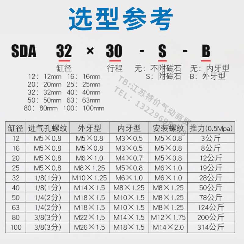 亚德客12大推力32薄型16气缸SDA2X5X40X5X10X15X30X50X752X1000SB-图1