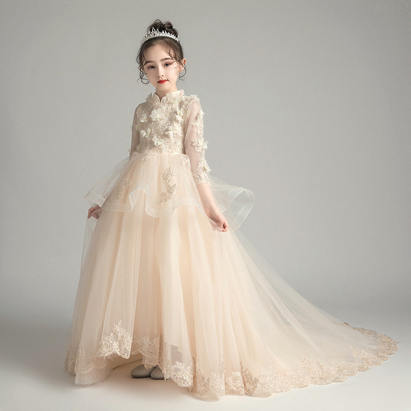 2024夏季新款儿童o拖尾晚礼服花童走秀蓬蓬纱女童钢琴演出服表演