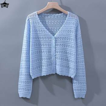 Cardigan 2024 Summer New Ice Silk Thin Jacket Women's Long Sleeve Short Hollow Sunscreen Shawl Women's Slim Outerwear