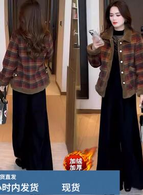 加戎加厚格子芼呢外套女2