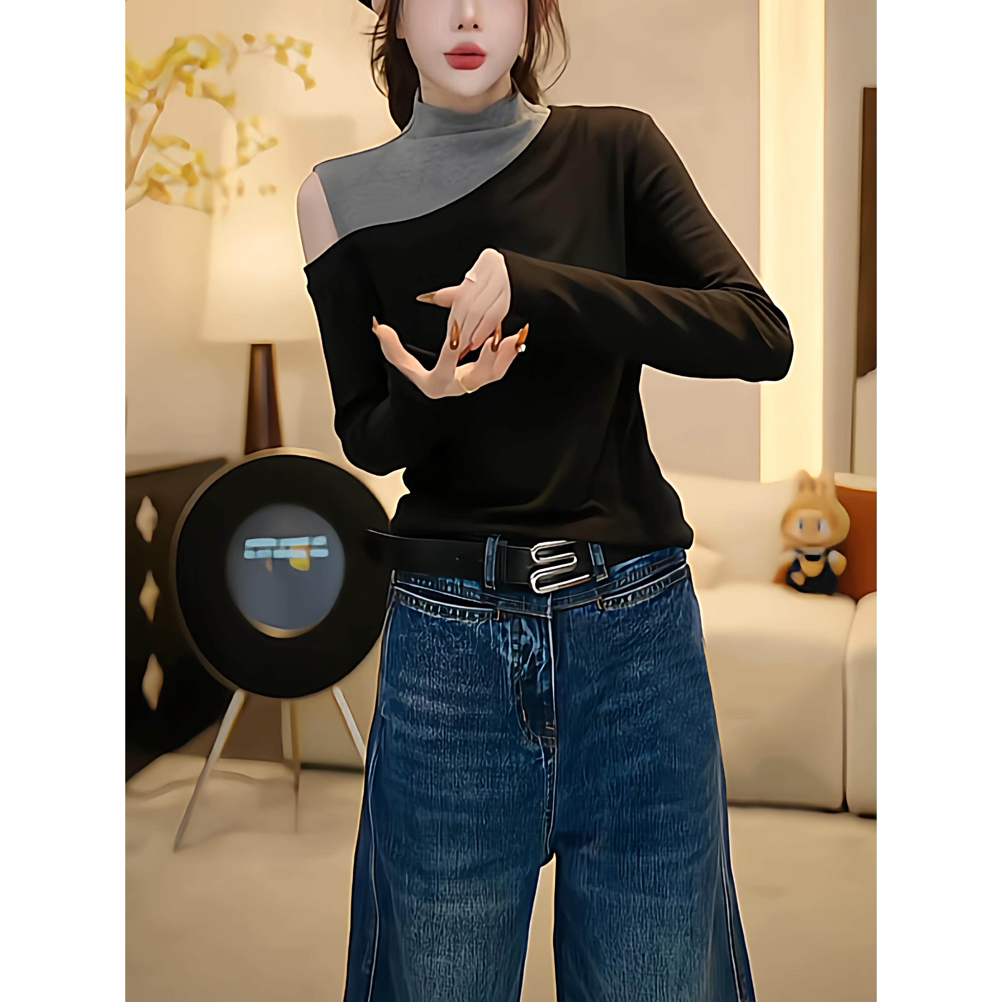 撞色拼接半高领长袖t恤打底衫女秋冬新款显瘦内搭露肩假两件上衣,淘宝优惠券,粉丝福利购,淘宝优惠卷