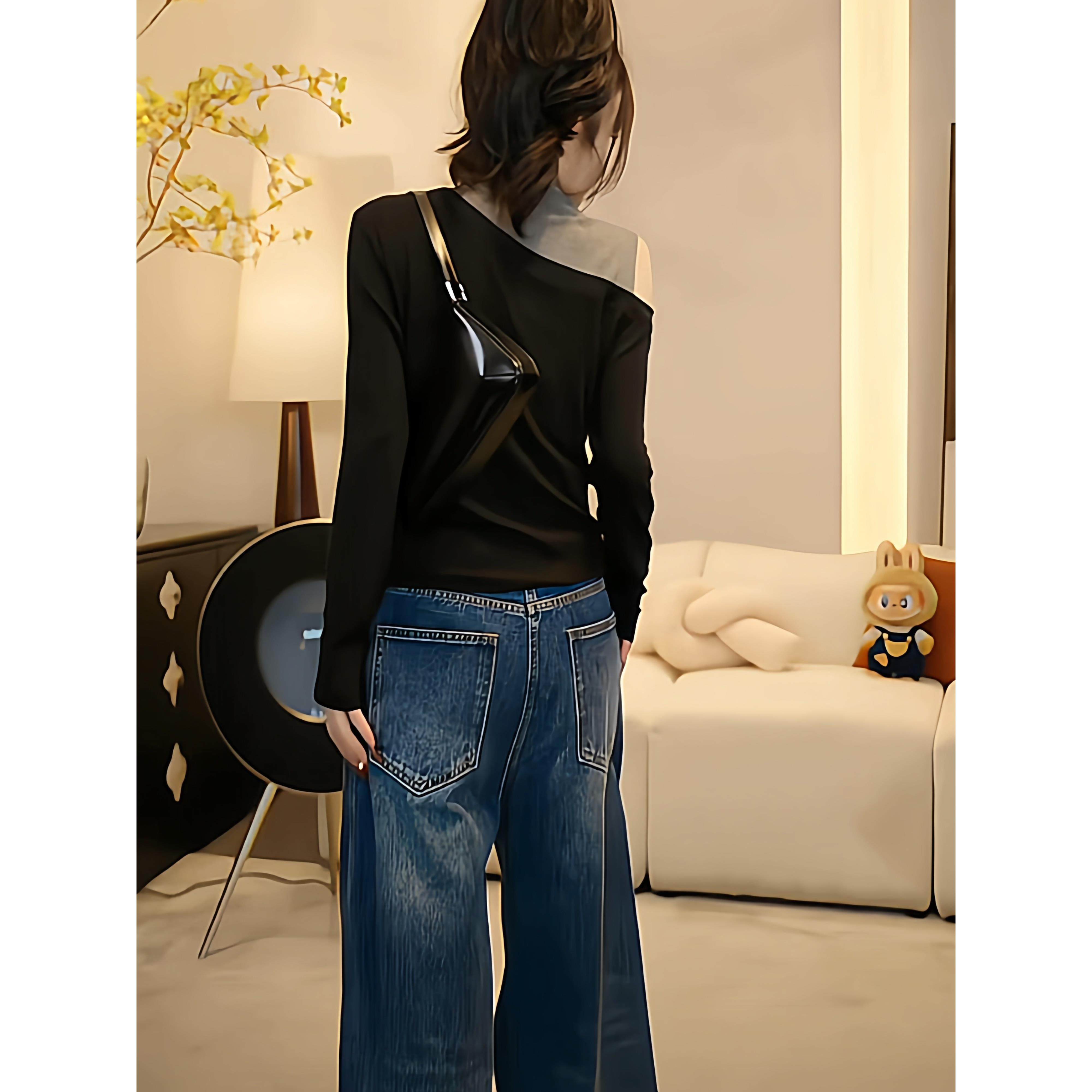 撞色拼接半高领长袖t恤打底衫女秋冬新款显瘦内搭露肩假两件上衣,淘宝优惠券,粉丝福利购,淘宝优惠卷