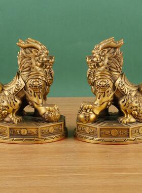 铜聚财纳福麒麟摆件一对卧室家用客厅办公室工艺品店铺开业送礼品
