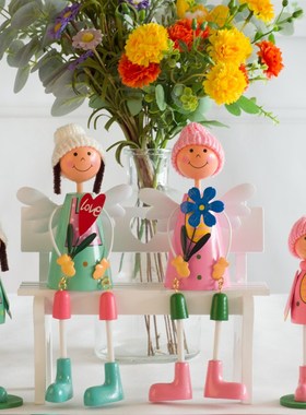 田园风吊脚娃娃一家四口创意礼品家居装饰木质工U艺品隔板装饰品