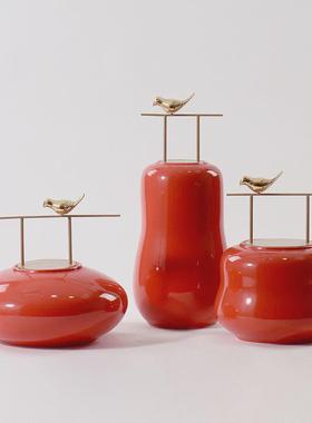 现代新中式禅意红j色陶瓷罐摆件客厅玄关酒店样板房间艺术软装饰
