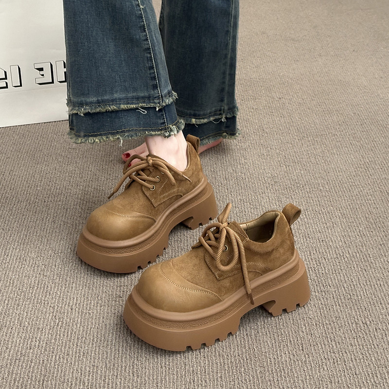 实拍现货磨砂皮英伦风厚底乐福鞋女系带圆头百搭增高鞋松糕鞋女