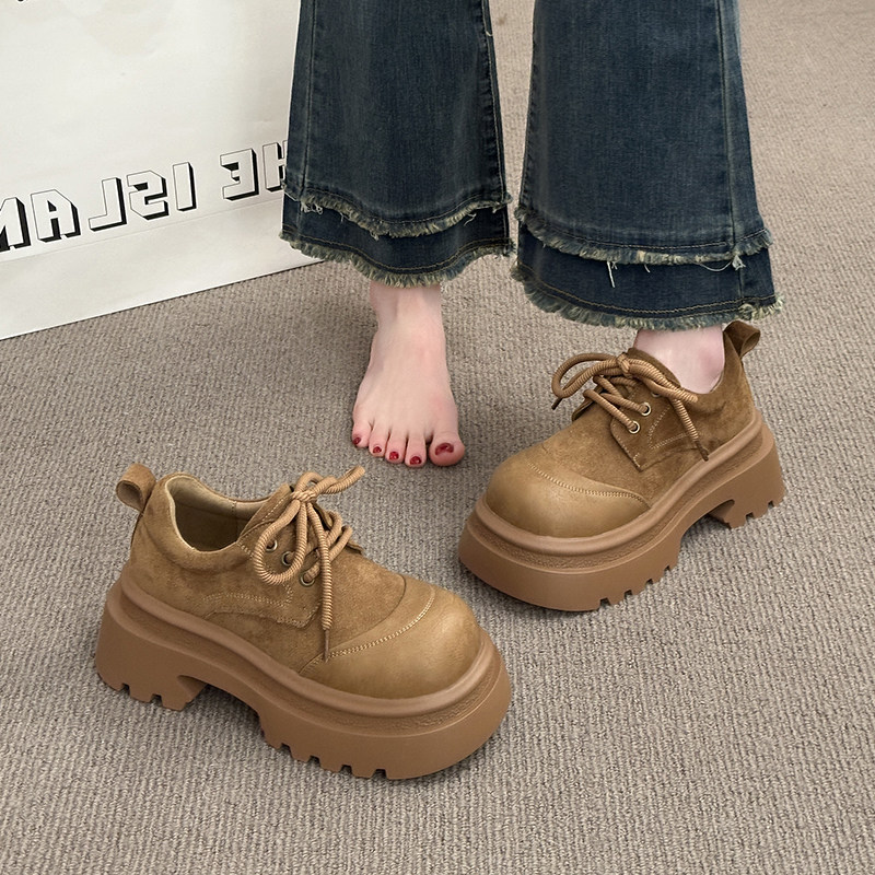 实拍现货磨砂皮英伦风厚底乐福鞋女系带圆头百搭增高鞋松糕鞋女