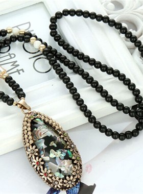 韩版百搭彩贝水晶吊坠简约毛衣链秋冬长款项链配饰衣服挂件饰品女