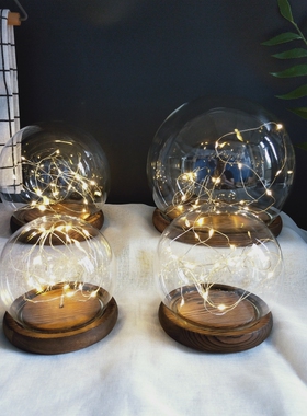 圣诞节装饰品桌面摆件发光灯座球形仿古木复古发光球形玻璃罩夜灯
