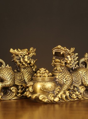 纯铜聚宝盆麒麟摆件一对戏珠麒麟神中式卧室客厅玄关办公室装饰品
