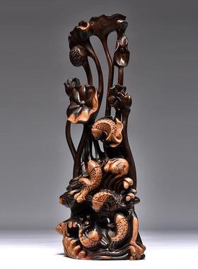 黑檀木雕刻年年有鱼根雕荷花摆件家居客厅玄关装饰工艺礼品摆饰乔