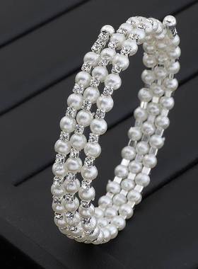 Lady temperament rhinestone pearl multi-layer bracelet女手镯