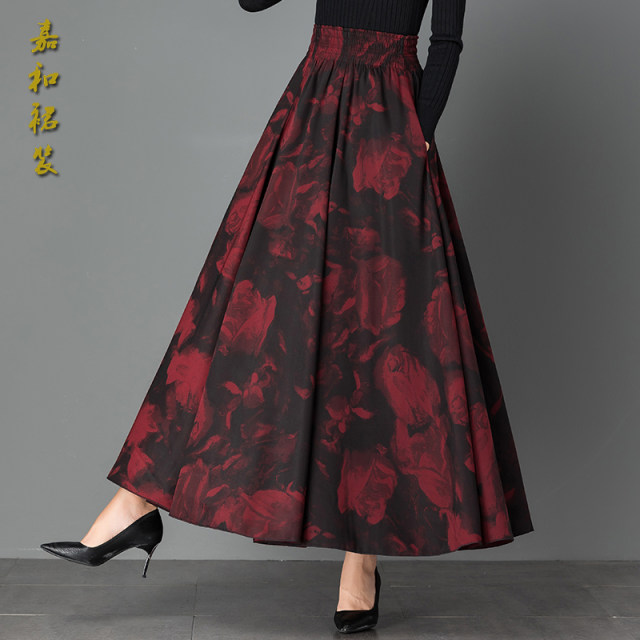 Autumn and winter new style red versatile retro printed w half length skirt women's dance skirt large size high waist a line large hem skirt
