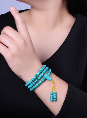 天然深绿色原矿网花铁线绿松x石手串108颗佛珠桶珠圆珠项链手链