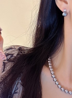 珍珠项链女轻奢高j级感高级感锁骨链灰色复古设计感颈链耳饰潮流