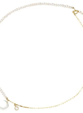 迷你天然珍珠项链法式美少女月亮不规则14K包金锁骨链.轻奢颈链女