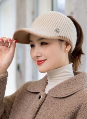 帽子女秋冬空顶加厚护耳保暖鸭舌帽韩版百搭户外防寒针织毛线帽潮