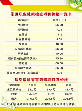 医院卫生院诊所收费项目药物价目表贴纸挂图展板海报印制