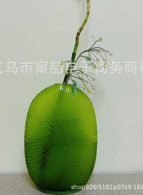 爆款现代质感磨刻琉璃扁花瓶春日绿色客厅餐桌装饰水养插花工艺品