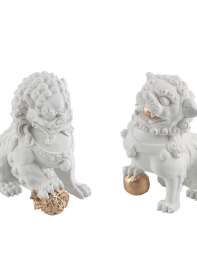 现代新中式蓝白色狮子摆件样板房间书房博K古架玄关柜桌面软装饰