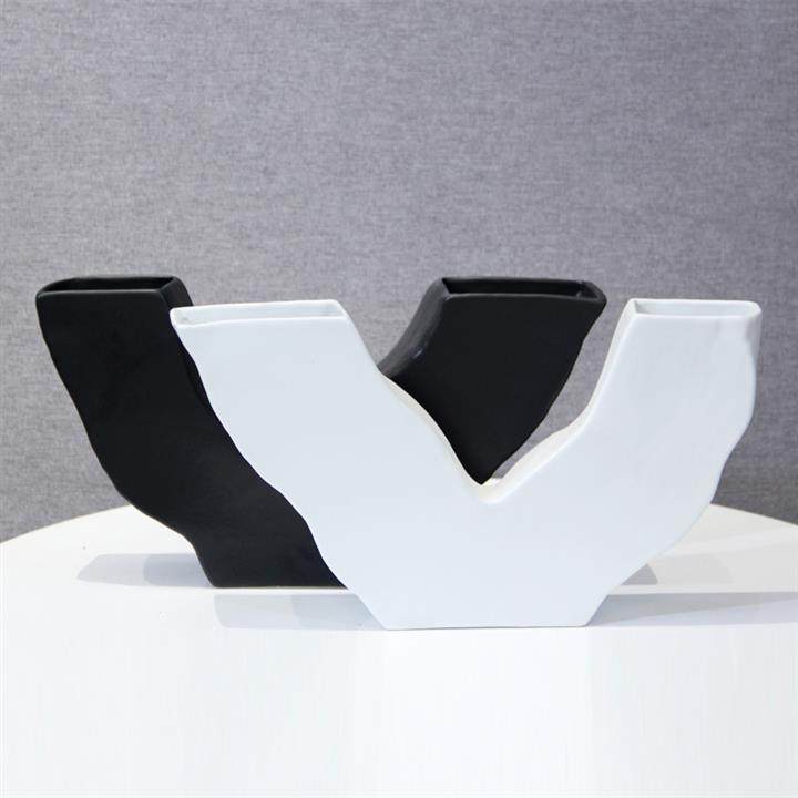 现代简约V字形黑白陶瓷花瓶摆件C样板房客厅酒柜办公桌干花插装饰,淘宝优惠券,粉丝福利购,淘宝优惠卷