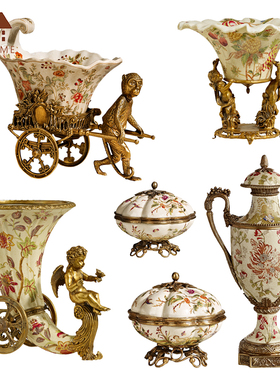 欧式陶瓷配铜美式家居花插果盘客厅玄H关摆件 奢华别墅会所工艺品