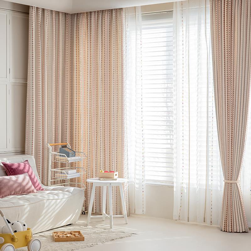 费尔岛儿童房多巴胺彩色棉麻窗帘客厅女孩卧室飘窗条纹遮光布ins - 图3