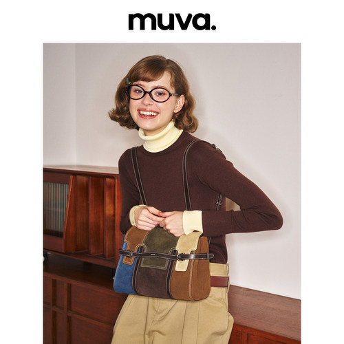 muva.町町包 双肩包牛反绒拼色秋冬格子手提包复古英伦2026年新品 - 图1