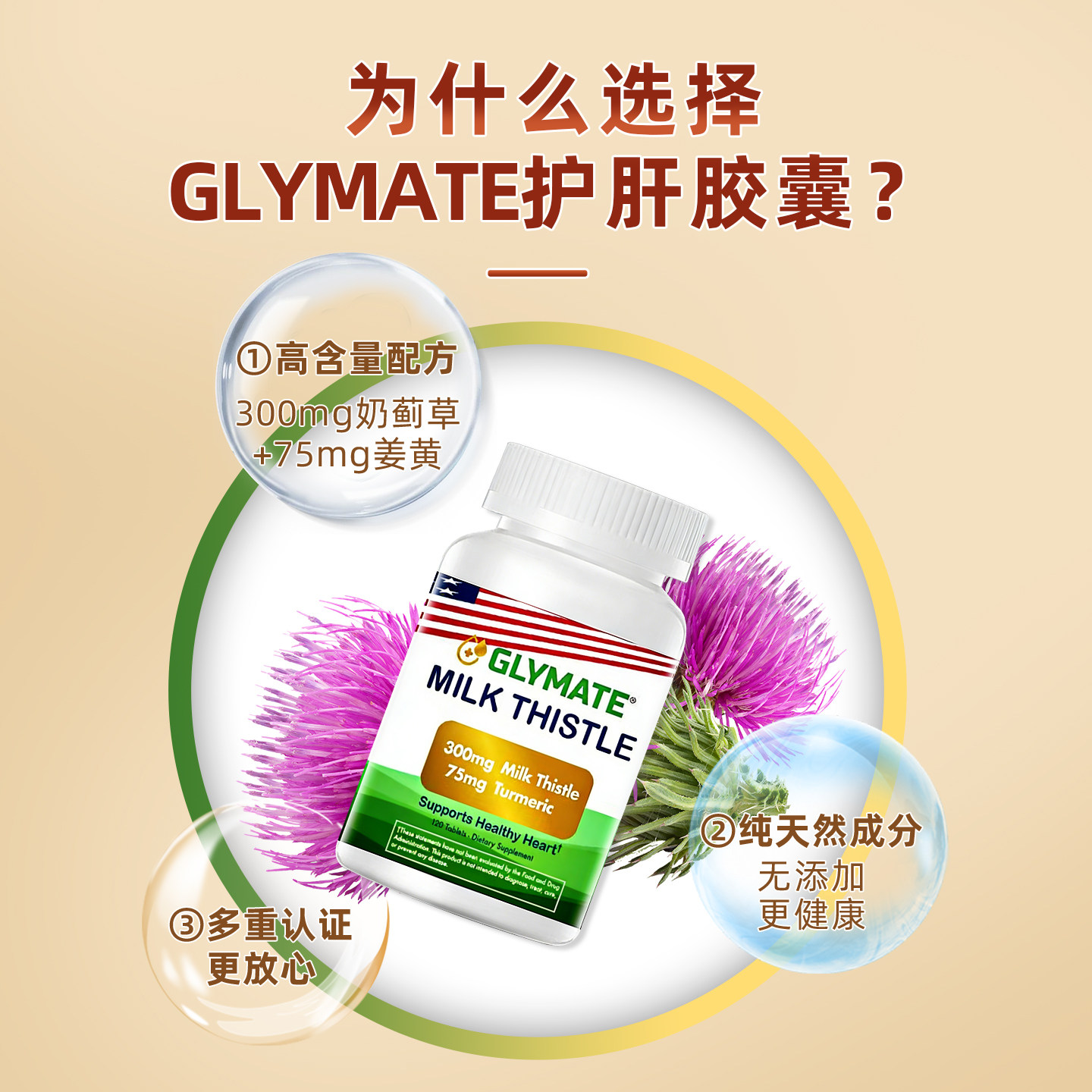 GLYMATE美国进口奶蓟草300mg护肝片姜黄养肝净化熬夜解酒降转氨酶