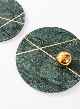 创意大理c石圆形墨绿色轻奢托盘样板房间客厅餐桌茶几软装饰品摆