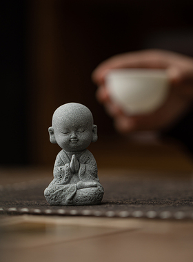 中式禅意琴棋书画三四不小和尚茶宠摆件沙盘盆景鱼缸造景创意桌面