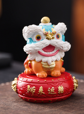 创意国潮醒狮茶宠摆件可旋转舞狮来运转办公茶室茶桌面招财装饰品