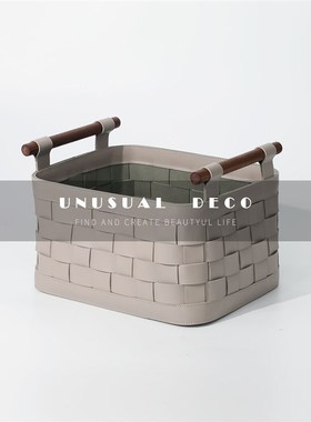 现代欧式创意编织k皮革收纳篮摆件样板间售楼处民宿卧室软装饰摆
