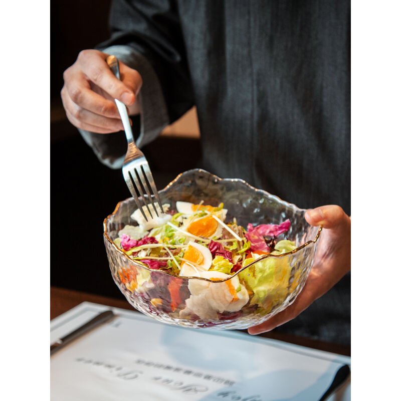 日式金边玻璃碗沙拉碗碗盘套装家用汤碗饭碗面碗创意甜品碗碟餐具 - 图1