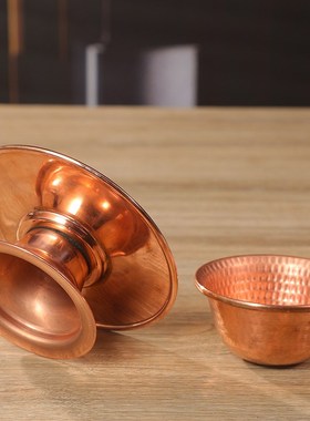 尼泊尔手工锤纹红铜供水杯家居工艺压花低脚O带盘可分离供水碗摆
