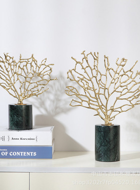 极速新中式家居饰品样品房软装配饰大理石铜装饰S品海树海珊瑚软