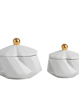 现代简约家居几何折纹陶瓷罐摆件样板房间黑M白首饰收纳盒盖罐装