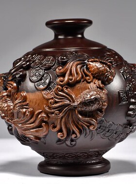 黑檀木雕金玉满堂花瓶摆件年年有鱼客厅插花装Q饰家居实木质工艺