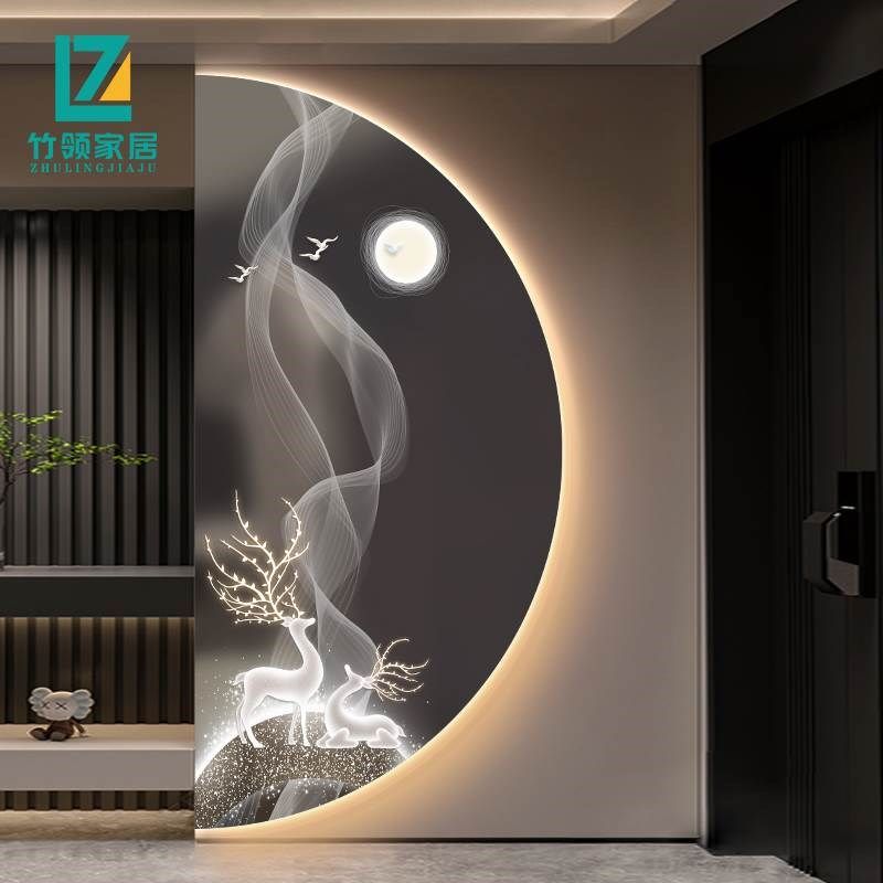 现代轻奢玄关装饰画走廊过道正z对门壁画麋鹿九鱼图半圆背景墙挂,淘宝优惠券,粉丝福利购,淘宝优惠卷