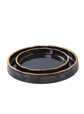 新中式陶瓷果e盘现代简约黑色托盘摆件白色圆形样板房间软装工艺