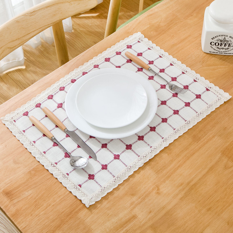 美式田园格子餐桌垫 西餐垫布 加厚棉麻餐垫 隔热双层餐具垫布艺